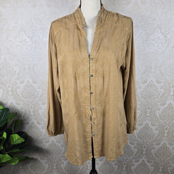 Soft Surroundings Sz Large River Valley Tan Embroidered Tunic Blouse Split Vneck - Picture 1 of 15